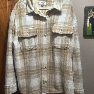 American Eagle Outfitters Plaid fleece shacket in Tan and White